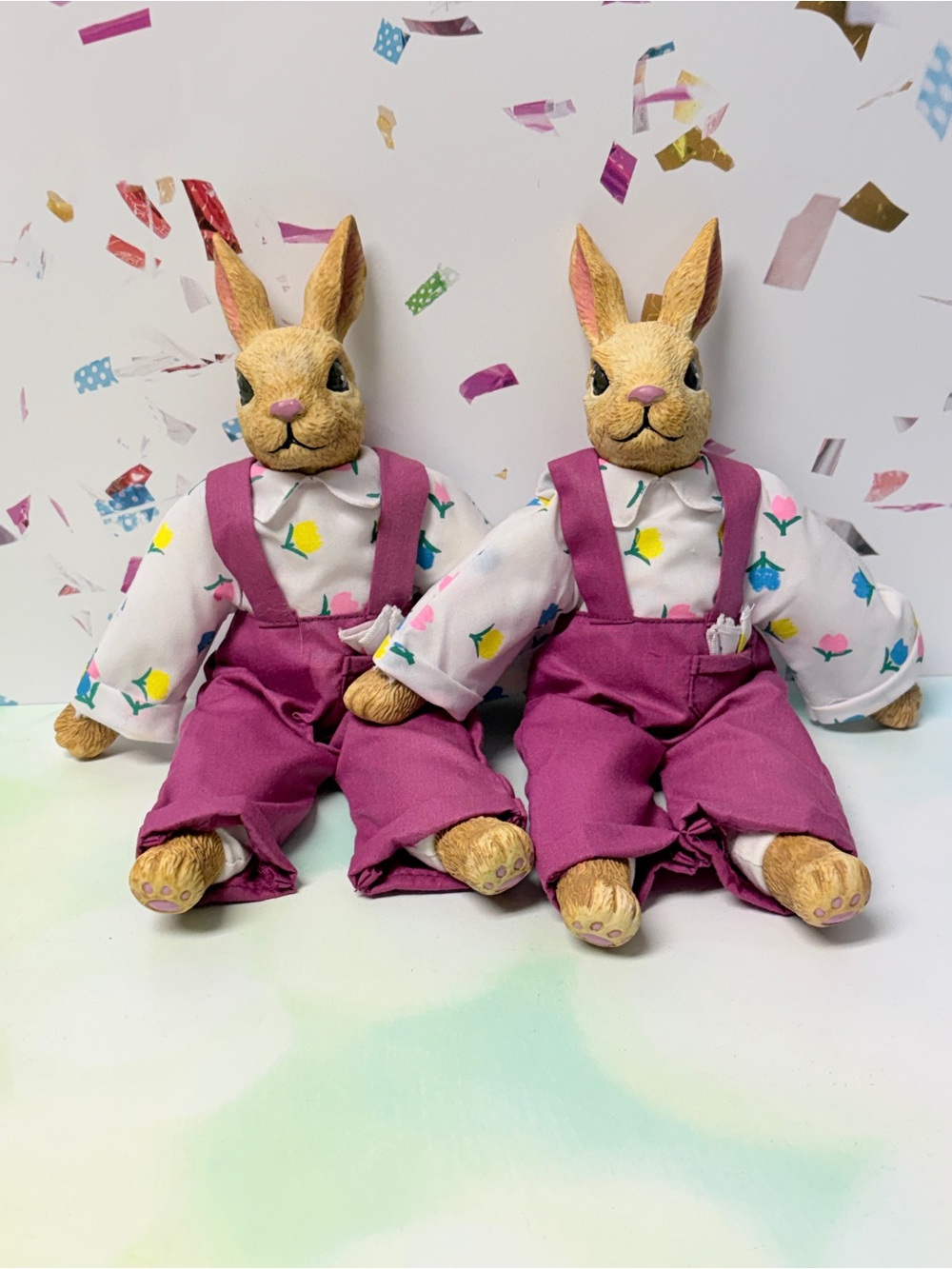 Pair Easter Bunny Rabbit Dolls Pink Overalls Floral Shirts Spring Decor